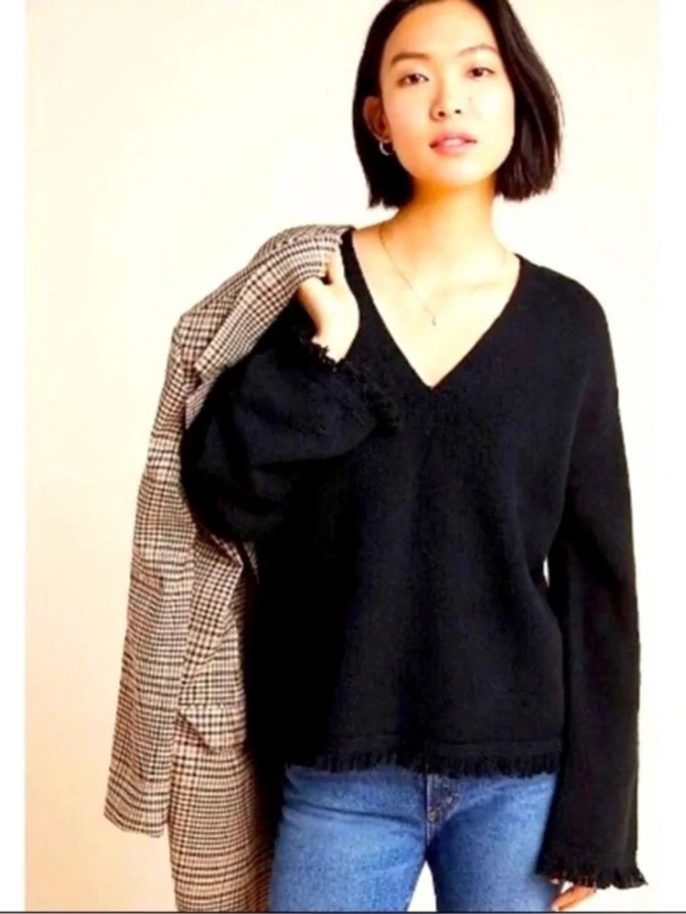 Anthropologie Black V-Neck Fringe-Trim Sweater